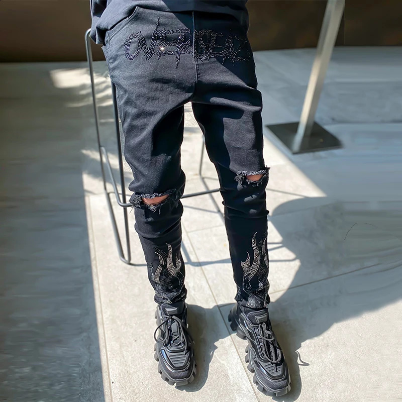 Mens ripped black diamond pencil jeans ultra-thin mens street punk denim pants 241008