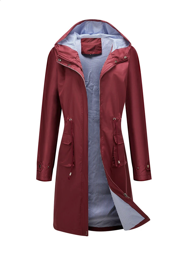 Waterproof jacket womens hooded trench fashionable outdoor windproof jacket loose striped lining drag long jacket autumn winter 241007