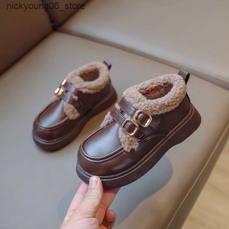 Boots British Style Children Leather Shoes for Girls Winter 2023 Thick Soled Lamb Wool Warm Boys Uniform School Cotton Shoes Plush PU L240910