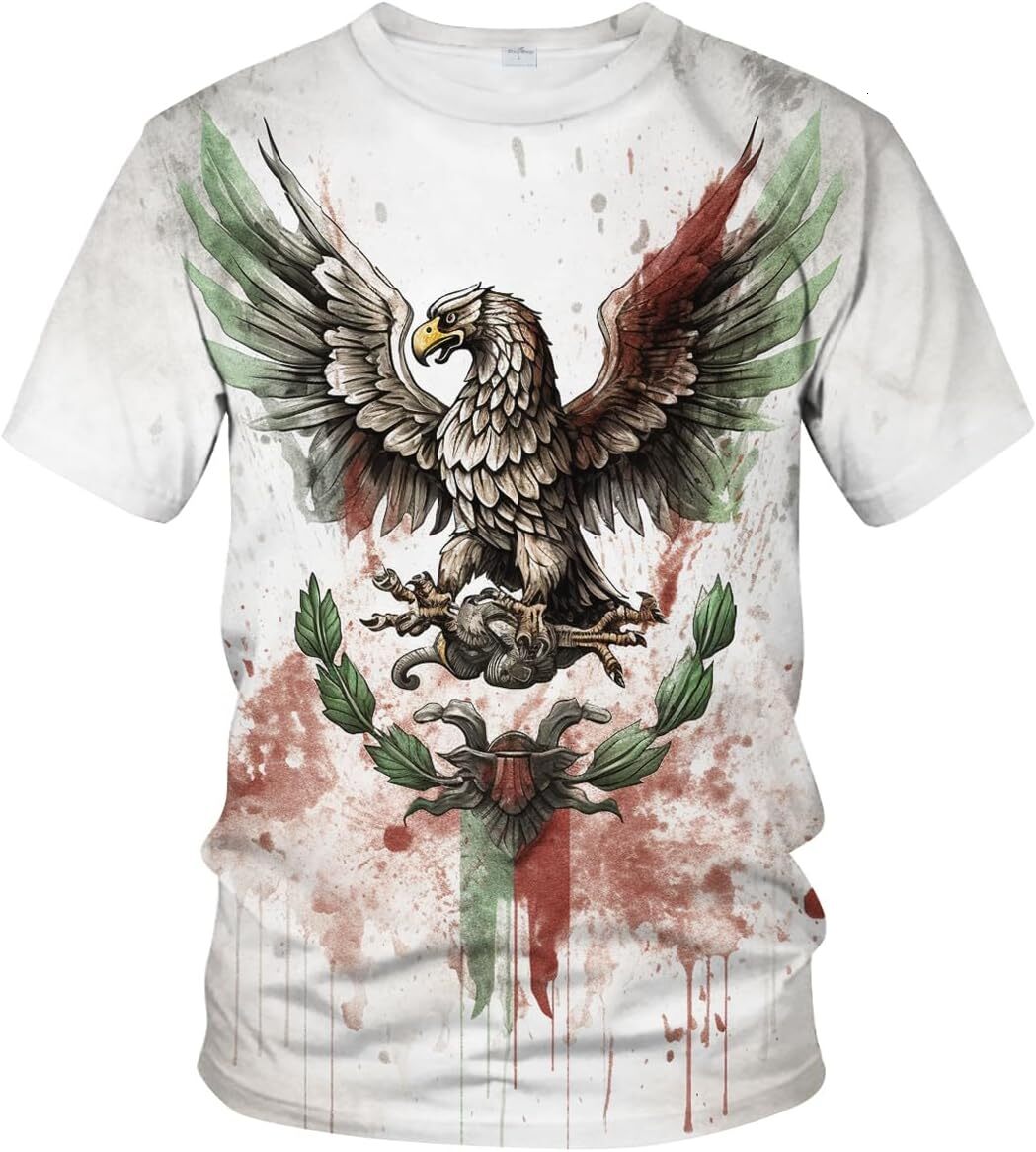 Mens T shirt Men's Retro Mexico Flag Shirt 3D Art Eagle Totem Cool Short Sleeve graphic tee Casual tops summer clothes Short sleeve