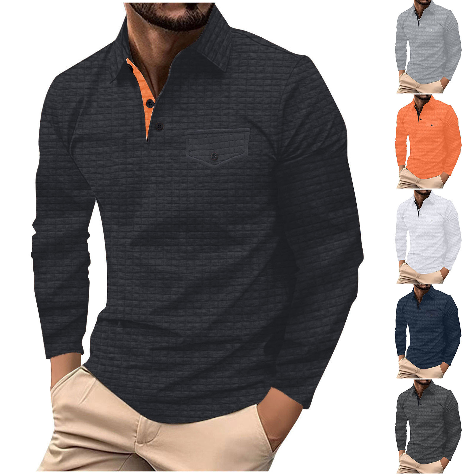 Men's long-sleeved plaid POLO shirt sports poloshirt with button pockets autumn Polo Shirts for Men, Casual T-Shirt, Cotton Clothing, Breathable 
