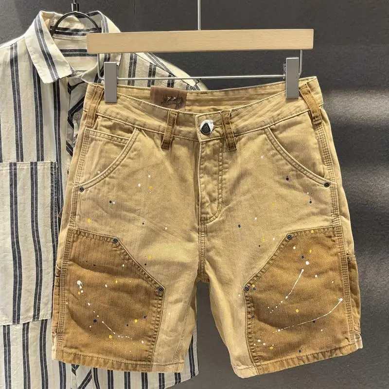 Splashed Ink Fashion Splicing Casual Shorts for Men Loose Straight Handed Personalized Pure Cotton 1/5 PantsW240713