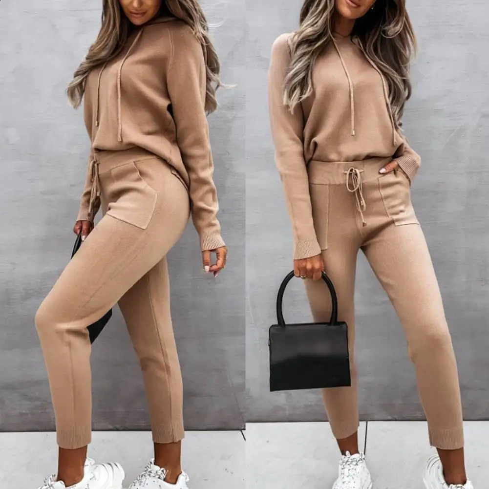 Womens sportswear long sleeved warm solid color zipper hooded sweatshirt jogging set chandals mujer conjunto femenino 241007