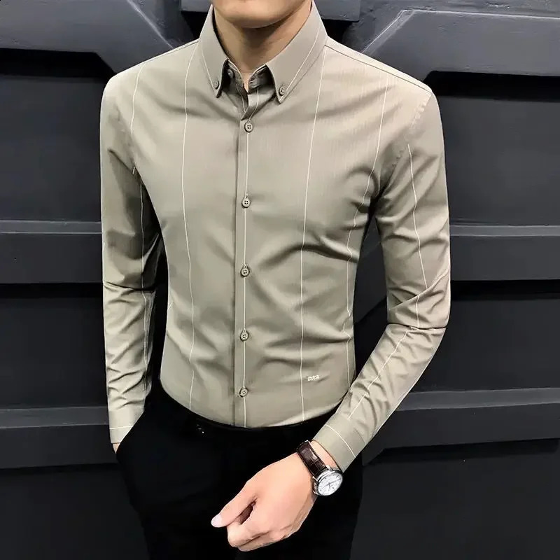 Top tier formal mens office shirts and shirts striped dresses business black social buttons cool Asian elegance I 241007