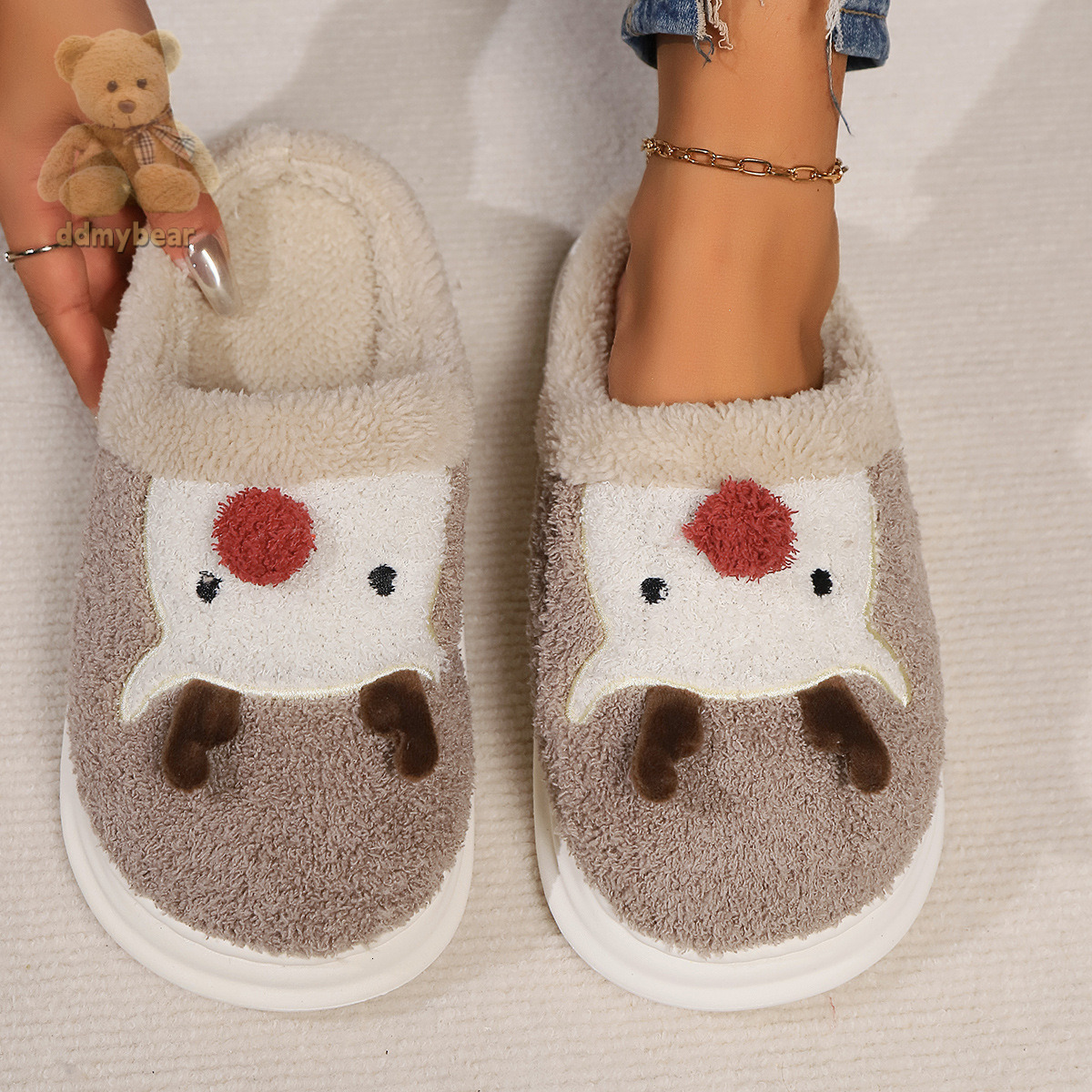 Ddmybear Elk Cotton Cute Cartoon Indoor And Outdoor Wear Warm, Non Slip, Comfortable Casual Couple Slippers Chinese Brand Shoes F1008-15.5