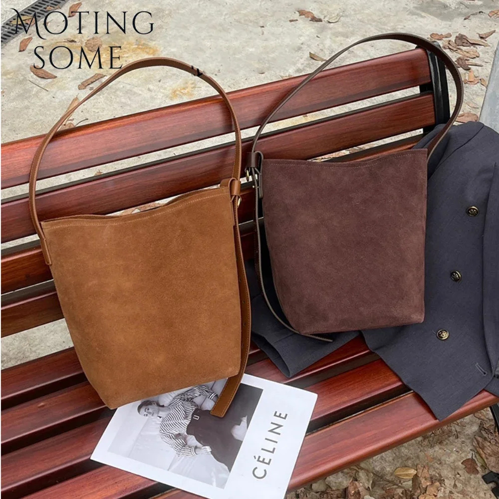 Motingsome Frosted Cowhide Bucket Women Suede Leather Purses Lazy Style Crossbody Shoulder Winter Large Bag 2024 New