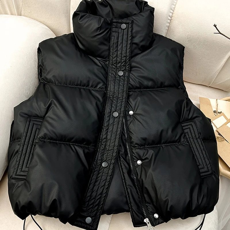 Vests Cotton Parkas Women Black Button Stand-collar Sleeveless Fall Winter Warm Bread Clothes Fashion Casual High Street Jacket 241008