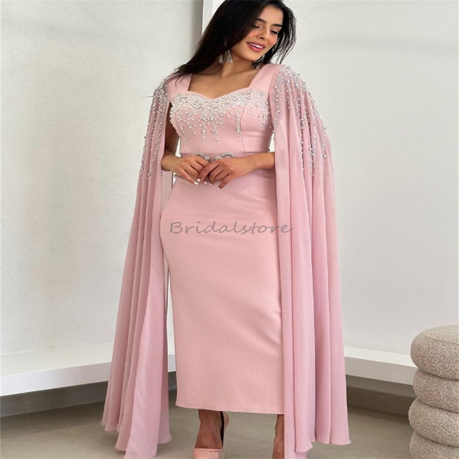 Dubai Abaya Pink Evening Dresses With Caped Sleeves Crystal Beaded Short Prom Dress Tea Length Satin Maxi Engagement Formal Birthday Cocktail Party Dr