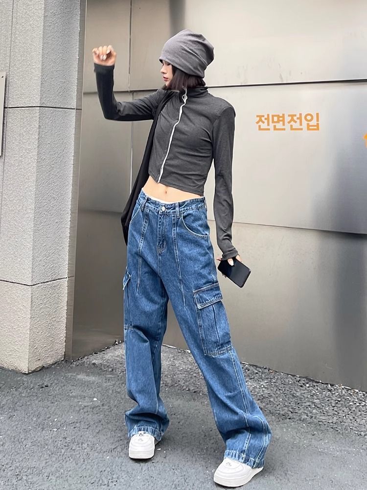 American New Style Retro Multi-Pocket Casual Overalls Y2k Women Low-Waist Hip-Hop Slim Loose Couple Straight Pants
