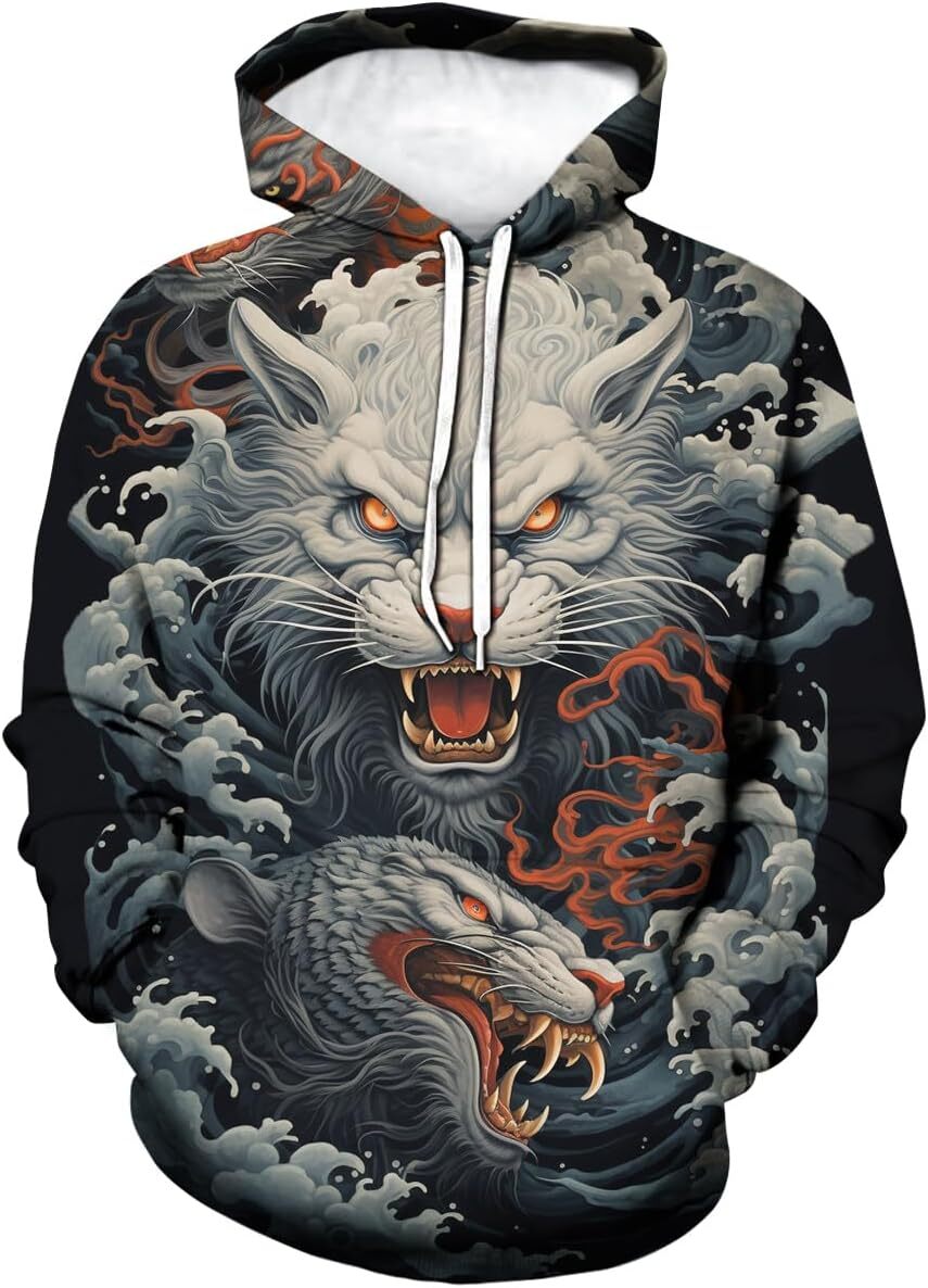 Hoodie for Mens Womens Mens White Tiger Hoodie Printed Hooded Psychedelic Animal Funny Sweatshirt Hoodie Graphic Pullover Long Sleeve