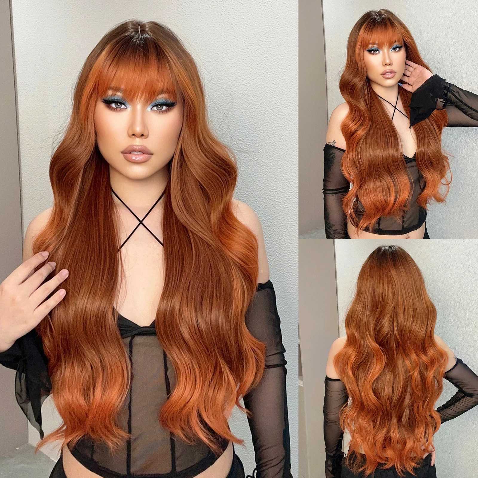 Ombre Red Brown Synthetic Wig with Bangs Long Wavy Copper Brown Women Wigs Natural Hair Cosplay Daily Use Wig Heat ResistantXJ241008