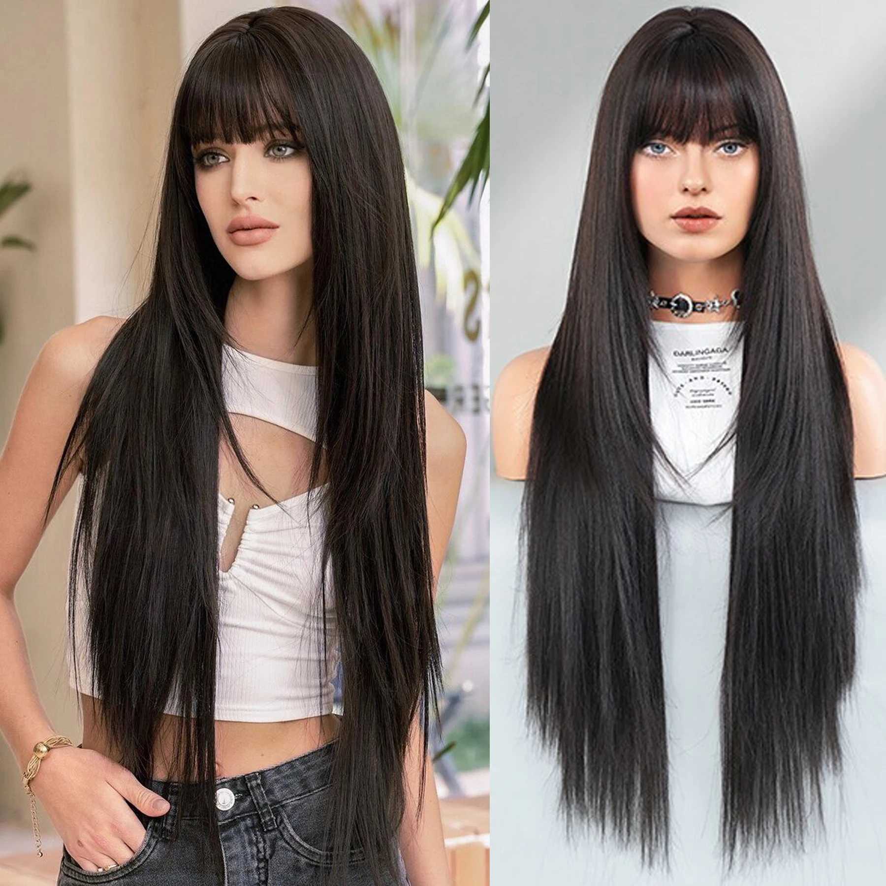 Long Silky Straight Synthetic Wigs with Bangs Black Cosplay Party Lolita Hair Wigs for Women Natural Heat Resistant WigXJ241008