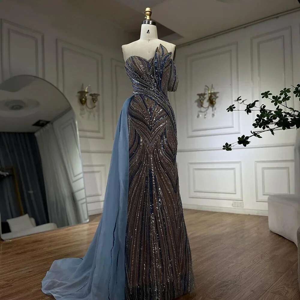 Serene Hill 2024 Arabic Blue One Shoulder Dubai Evening Gown with Side Overskirt Beaded Dress for Women's Party CLA72662