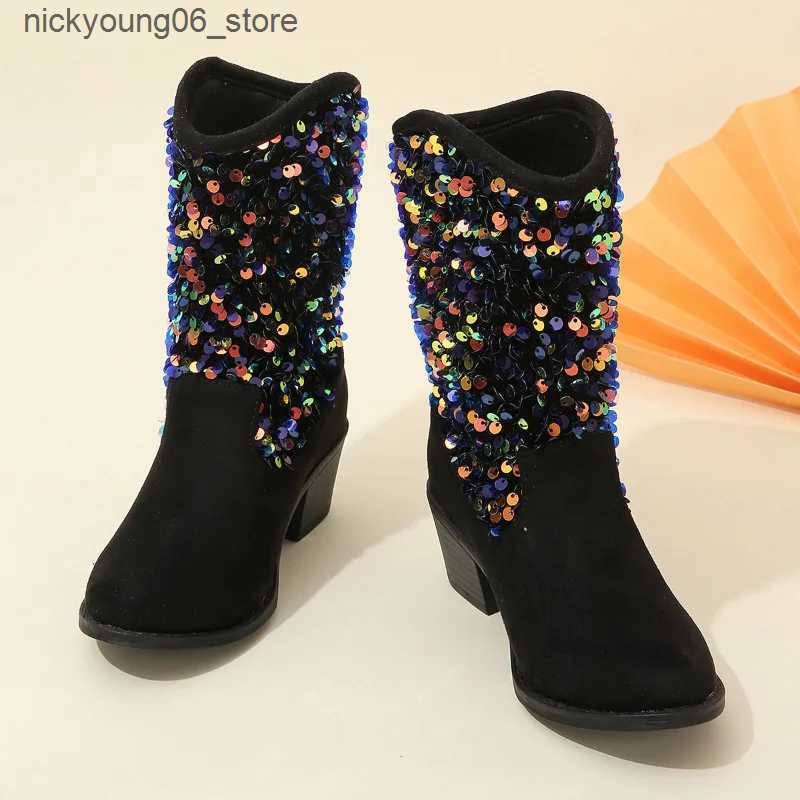Boots Girls Boots Autumn Winter Toddler Kids Princess Party Fashion Middle Calf Boots Children Brand High Heel Glitter Soft Sole Shoes L240910