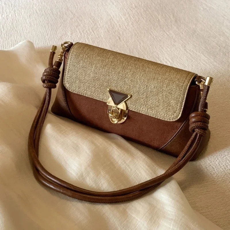 Women Shoulder Bag Korean Style Retro Brown PU Leather Vintage Female Small Axillary Bags Fashion Ladies Gold Lock Handheld Bags 240924