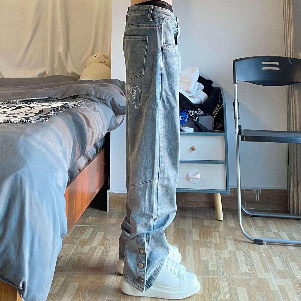 European And American High Street Fashion Brand Embroidered Breasted Jeans Men's Vibe Style Blue Loose Hip-Hop Explosive Street Casual Pants Tren