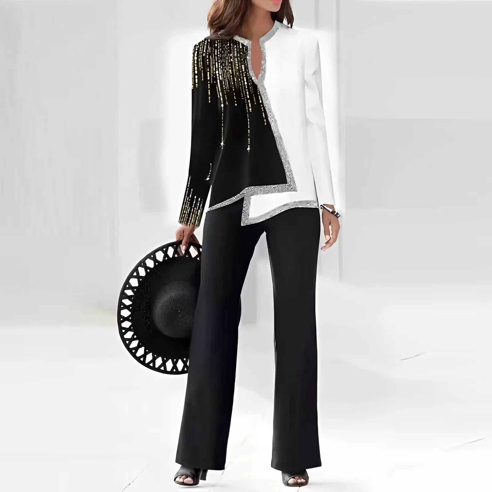 Set of 2 long sleeved tops loose wide leg pants Trouser twopiece wedding set suitable for small weddings 241008
