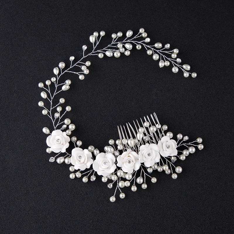 Bridal Wedding Crystal Bridal Hair Accessories Pearl Flower Head with Handmade Hair Bead Decoration Female Haircomb W2410075