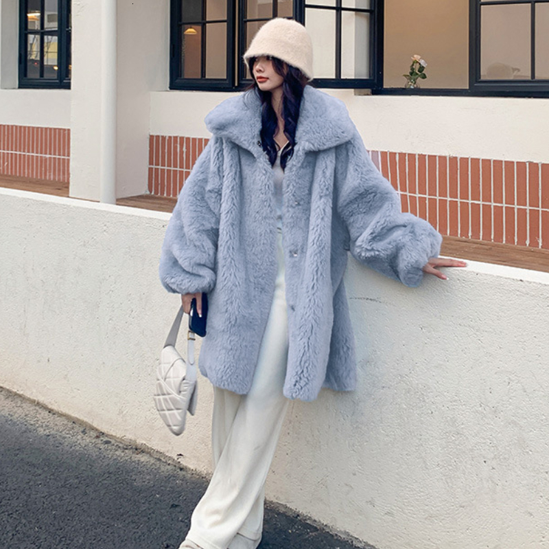 Oversized Faux Fur Women Winter Plush Lapel Long Coat Female Plus Size Fluffy Jacket Teddy Ladies Fashion Outerwear