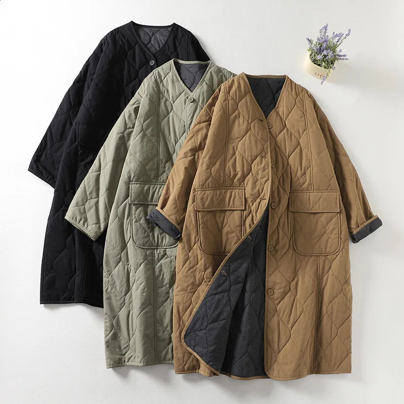 Retro long quilted coat womens clothing oversized park winter cotton padded jacket comfortable 241007