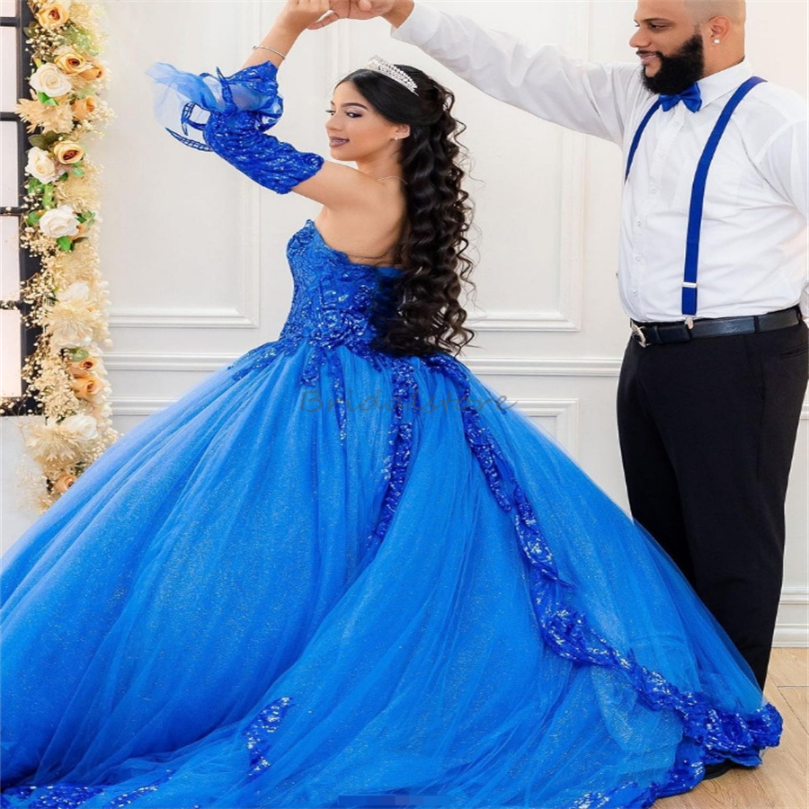 Sparkly Royal Blue Quinceanera Dresses 2025 Glitter Sequins Fifteen Birthday Party Dress Sweetheart Appliques Corset Vestidos De 15 Anos Quinceaneras 