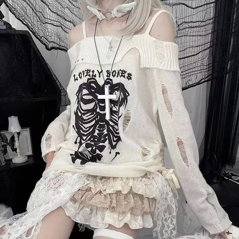 Womens white floral knit sweater Harajuku Korean style 90s Y2k long sleeved shoulder cross sweater retro 2000s clothing 240927