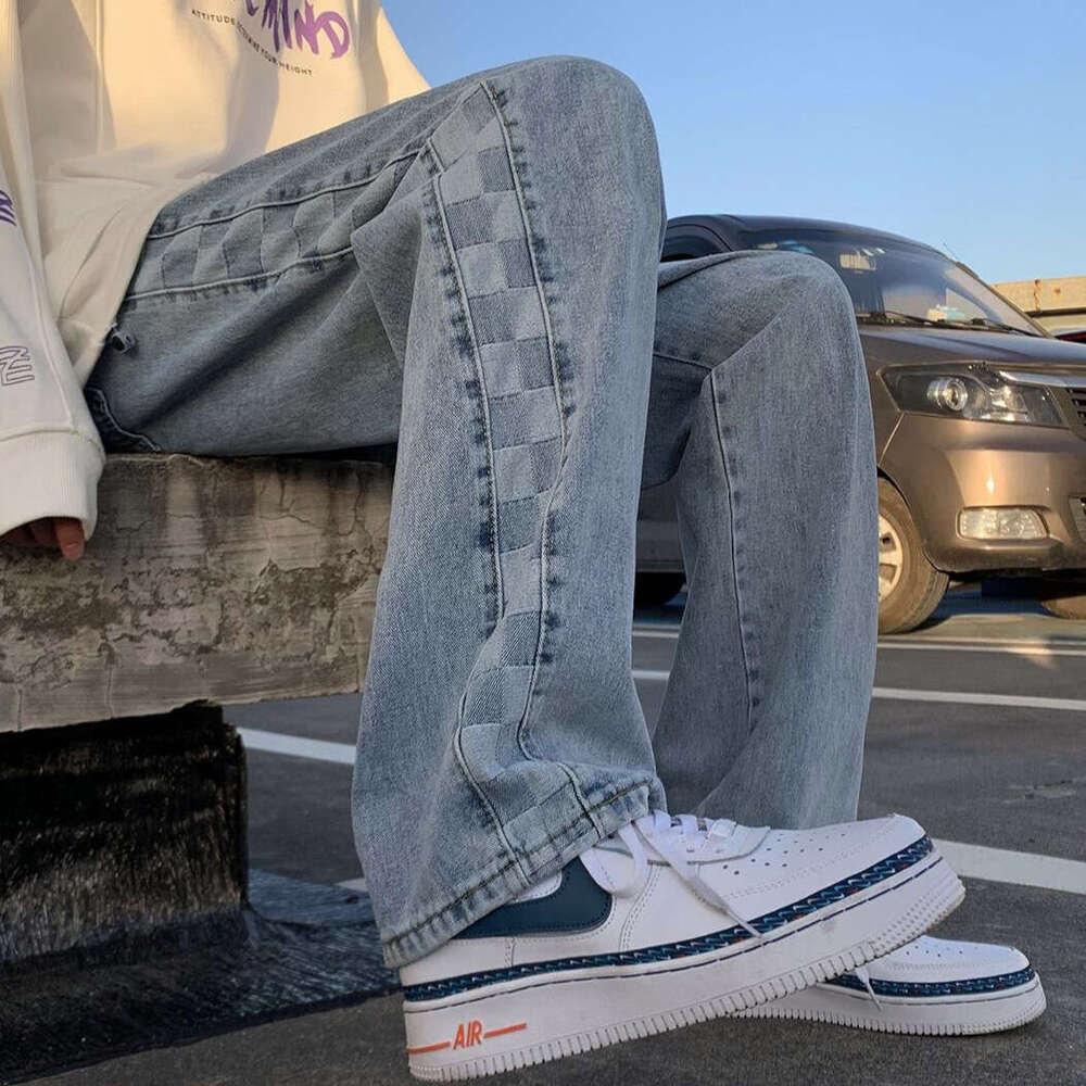 American High Street Jeans For Men In Autumn, With A High-End Feel. Side Row Checkered Straight Leg Pants With Trendy Design. Plaid Wide Legs Eff