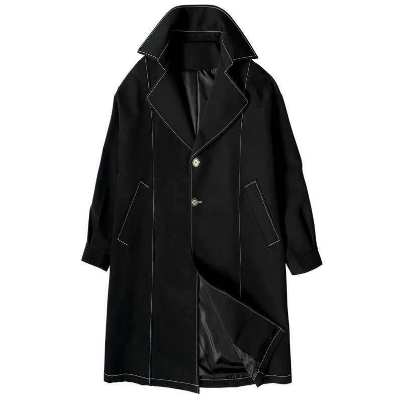 High quality mens chic line navy blue coat autumn single chest long navy blue coat solid color black/beige jacket W241007