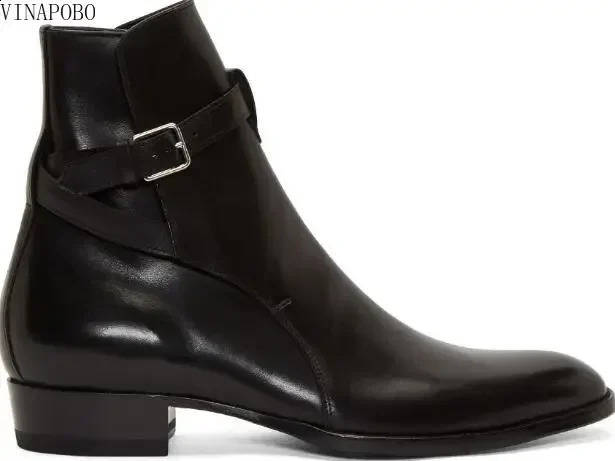 Autumn British Brown Black Frosted Genuine Leather Twist Ankle Buckle Pointed Toe Short Boots Men Cowboy High Top Retro 240924 c54d