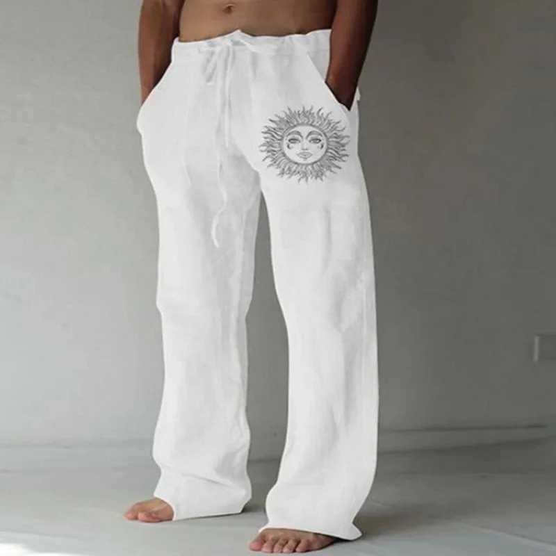 Mens Casual Pants sweatpants Sun Flower Print Full Length Pants Pocket Drawstring Linen Trousers MenX241008