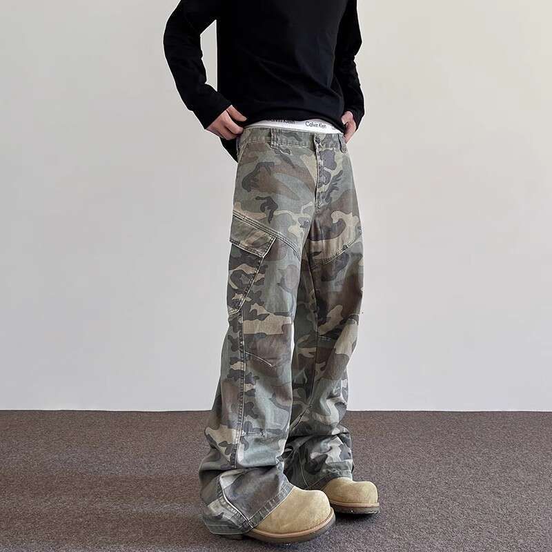 2024 New American Retro Style Camouflage Denim Work Pants Men's Loose Straight Leg High Street Micro Pull Down Pants In 9E8