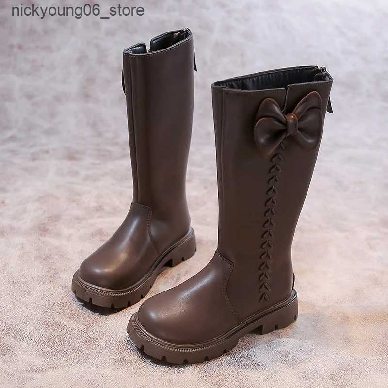Boots Kids Shoes Boots for Girl Sweet Chic Bowknot Princess Fashion Boots Versatile Non-slip Children Causal Mid-calf Leather Boots L240910