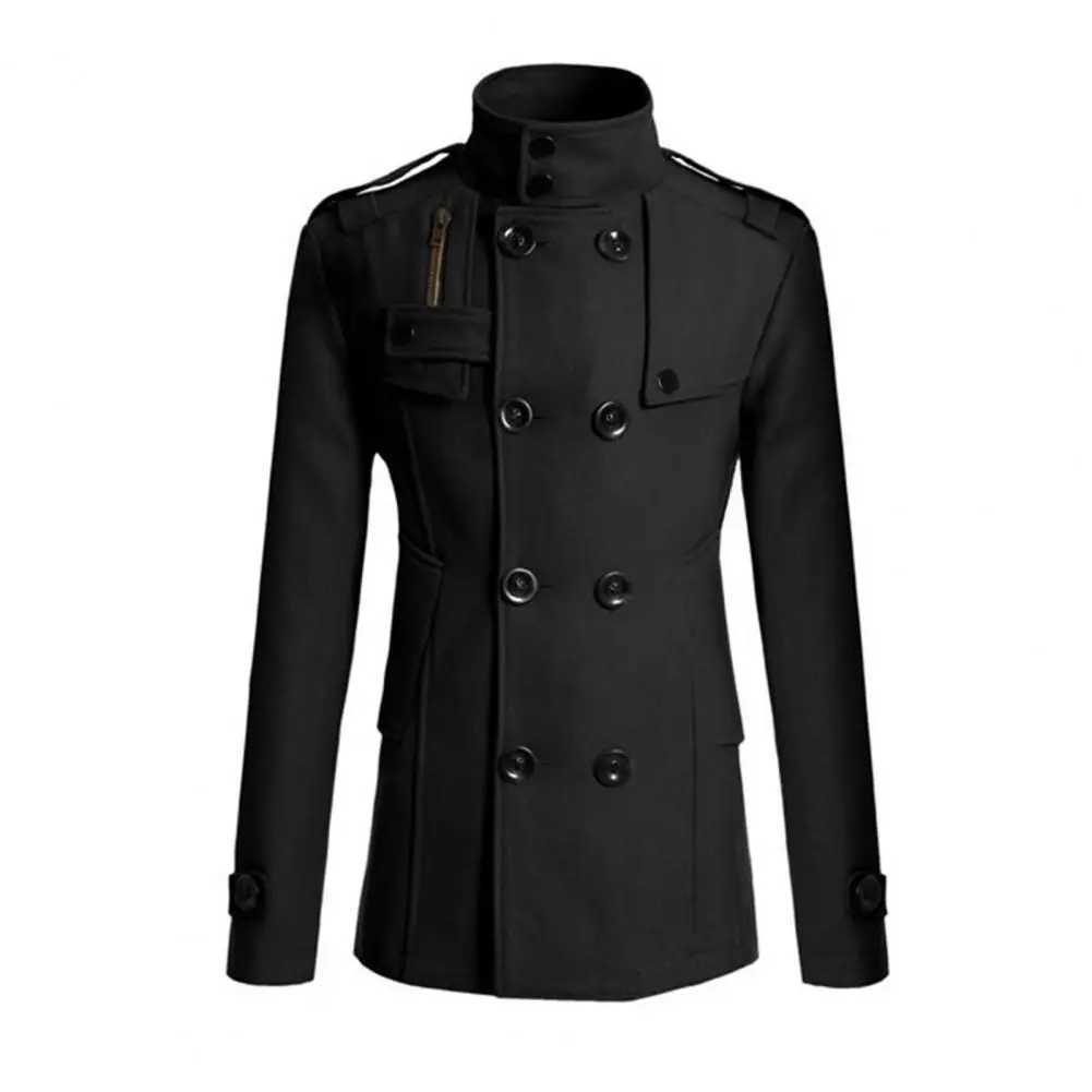 Mens windproof coat solid color double-layer wool coat formal business winter coat casual work clothes W241007
