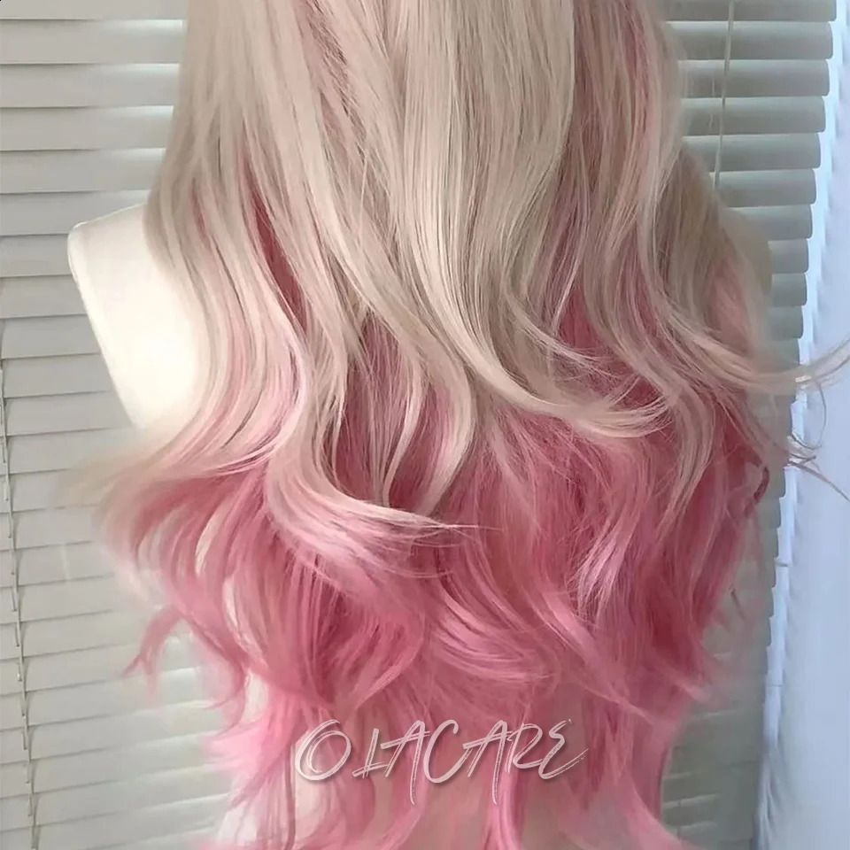 OLACARE Curled Long Wave Pink Blonde Highlight Synthetic Hybrid Wig with Fluffy bangs Suitable for Womens Daily Use 241007