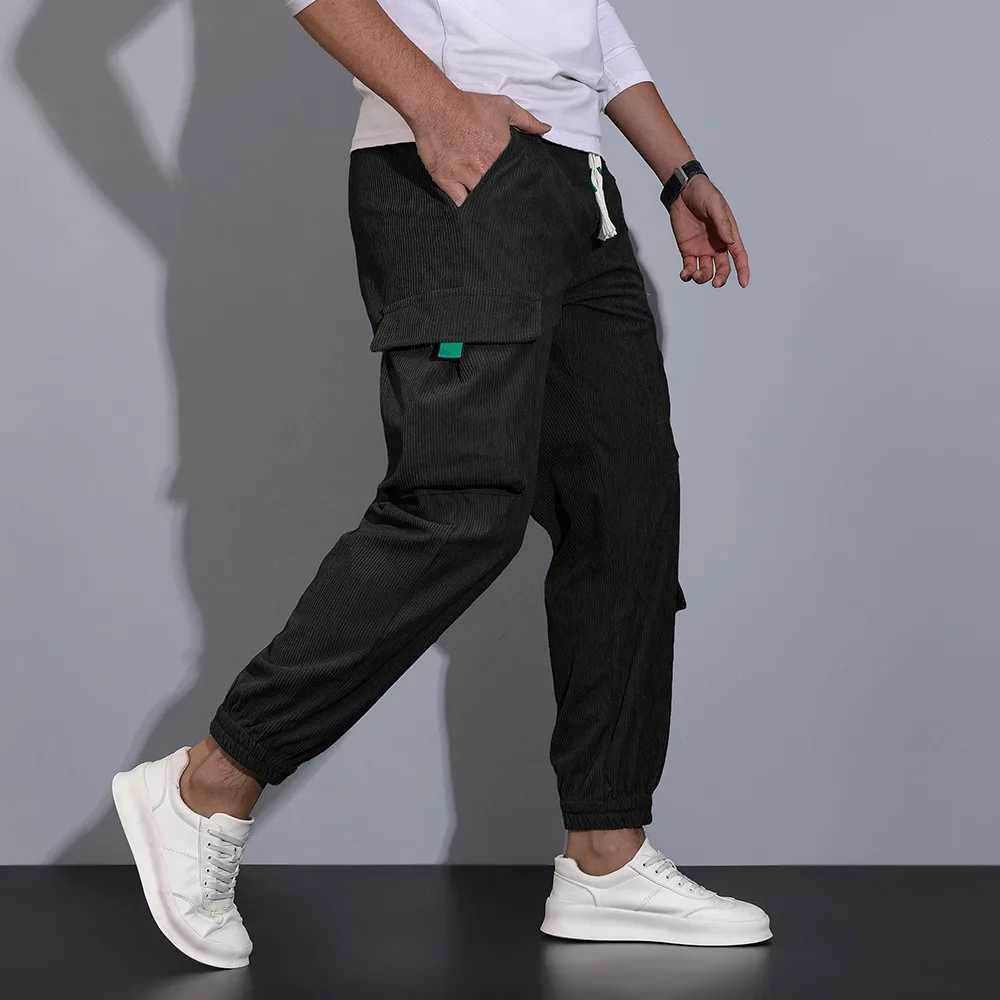 Mens autumn Corduroy jogging pants casual cargo pants solid color drawstring elastic waist bag with pocket tapered sports pants CL241008