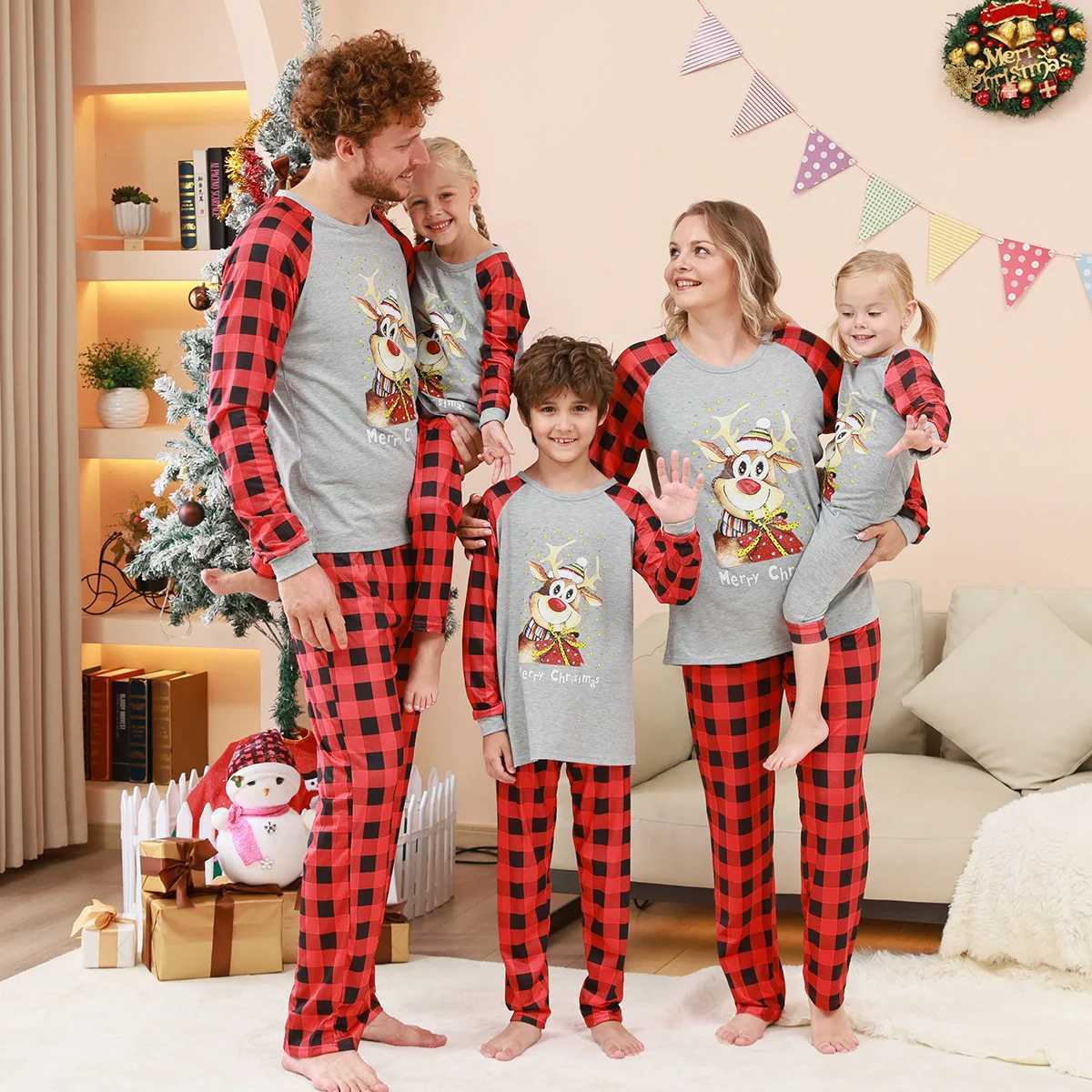 New Deer Plaid Print Christmas Pajamas Set Parent-child Matching Outfits Casual Loose Loungewear Baby Boys Girls Pjs Family LookXJ241008