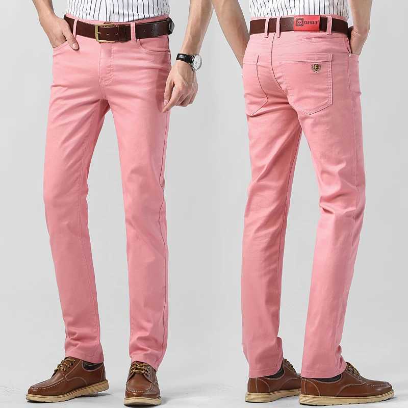 Mens casual elastic tight jeans new elastic yellow pink ultra-thin mens clothing solid color simple business denim TrouserW240715