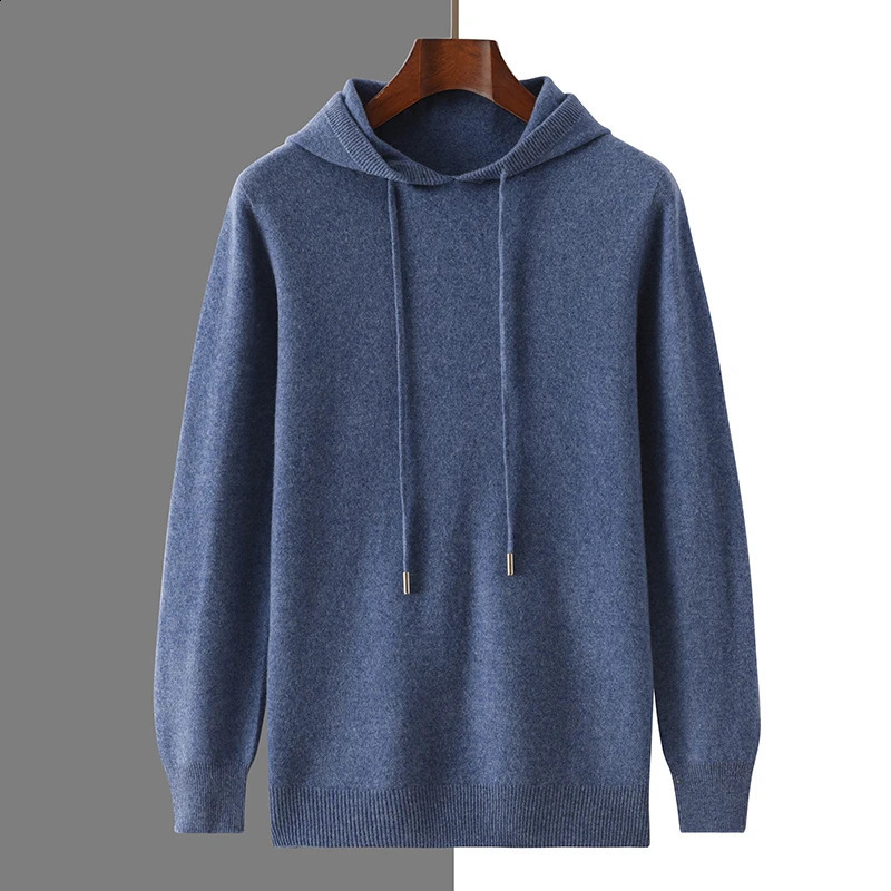 2024 Autumn Winter Cashmere Sweater Mens 100 Wool Hooded Collar Knit Pullover Business Casual Long Sleeved Sports Hoodie 240930
