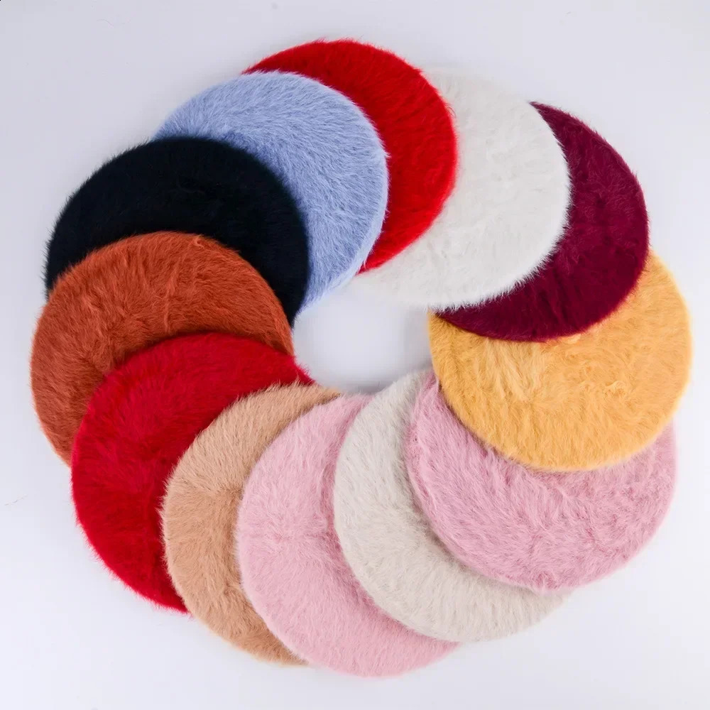 12 color soft womens winter elegant multi-color artist rabbit fur flattened sboy Beanie beret 241007