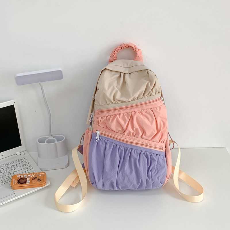 women's summer backpack with Korean style nylon fabric, large capacity casual pleated splicing design, contrasting color backpack 241015
