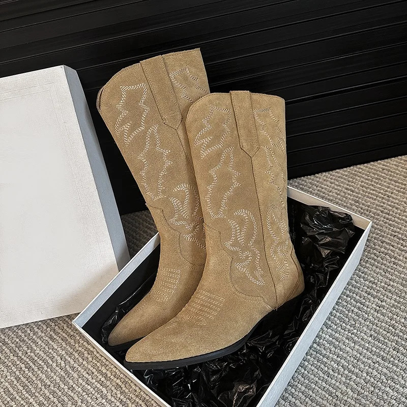 Wedge heel ankle boots womens winter classic Chelsea boots womens cowhide toe denim Western style boots embroidered shoes 241007