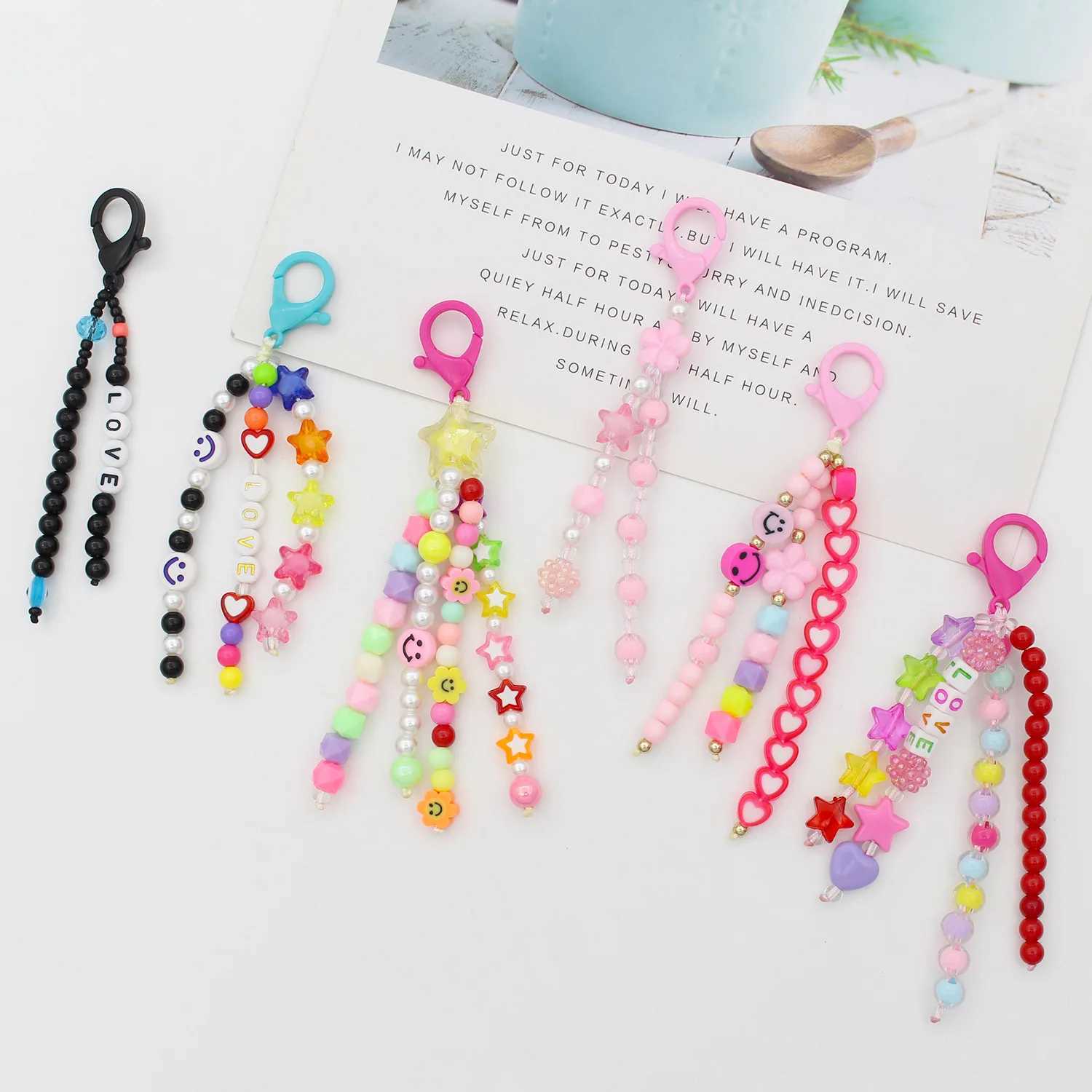 Colorful Letter Bead Acrylic Keychain Smile Face Bag Charm Mixed With Small Tassel Pendants Backpack Charm For KidsX241008
