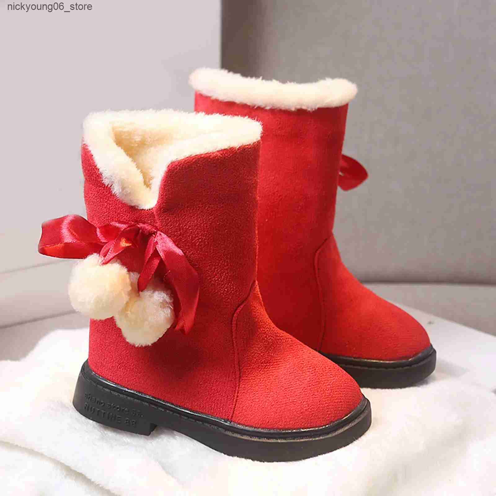 Boots Girls Winter Boots Warm Plush Christmas Red Boots Cute Furry Children Cotton Shoes Anti-slip Kids Students Rubber Snow Boots L240910