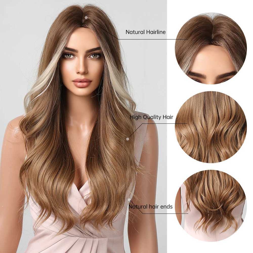 ALAN EATON Long Brown Synthetic Wigs Ombre Hair with Highlight Brown Body Wavy Daily Wig Soft Fluffy High Temperature Party UseXJ241008
