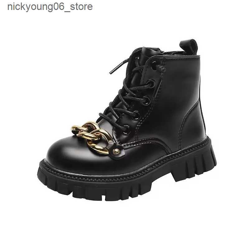Boots Fashion Children Leather Boots Autumn Winter Metal Chain Girls Boots Warm Cotton Kids Ankle Boot Versatile Anti-slip Girls Shoes L240910
