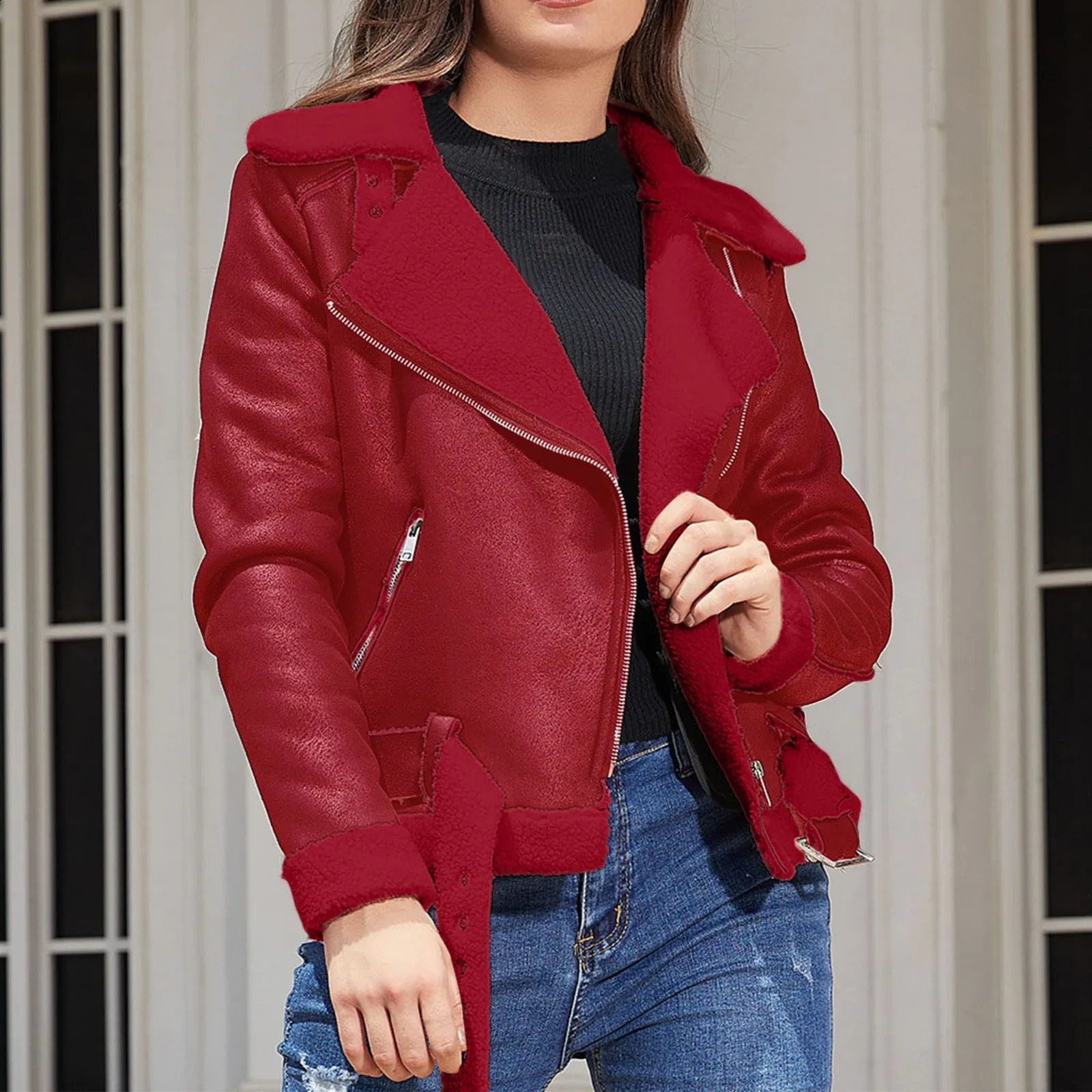 Warm suede sheepskin jacket for winter womens thick short motorcycle jacket synthetic wool leather jacket carat chain cool jacket for womens jacket 24