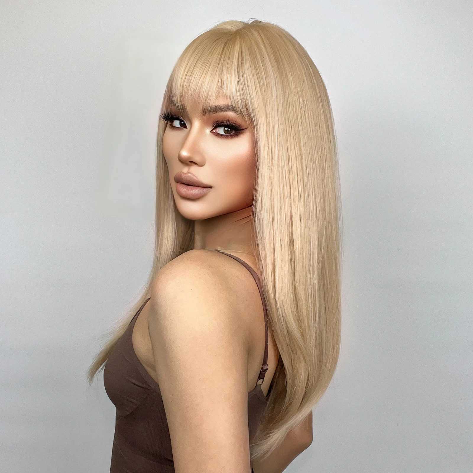 HENRY MARGU Blonde Layered Synthetic Wigs with Bangs Long Straight Wig for White Women Heat Resistant Fiber Hair Daily Party UseXJ241008