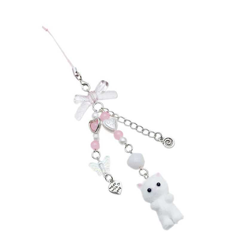Cute Creative Keychain Pendant Fashion Minimalist Bowknot Flocking Cat Phone Strap Sweet Phone Lanyard Bag Decoration GiftsX241008