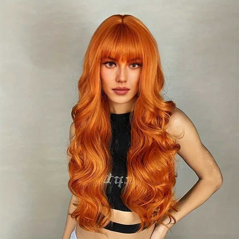Selling synthetic fiber wig female orange long hair big waves fashion air bangs long curly hair mechanism full head setXJ241008