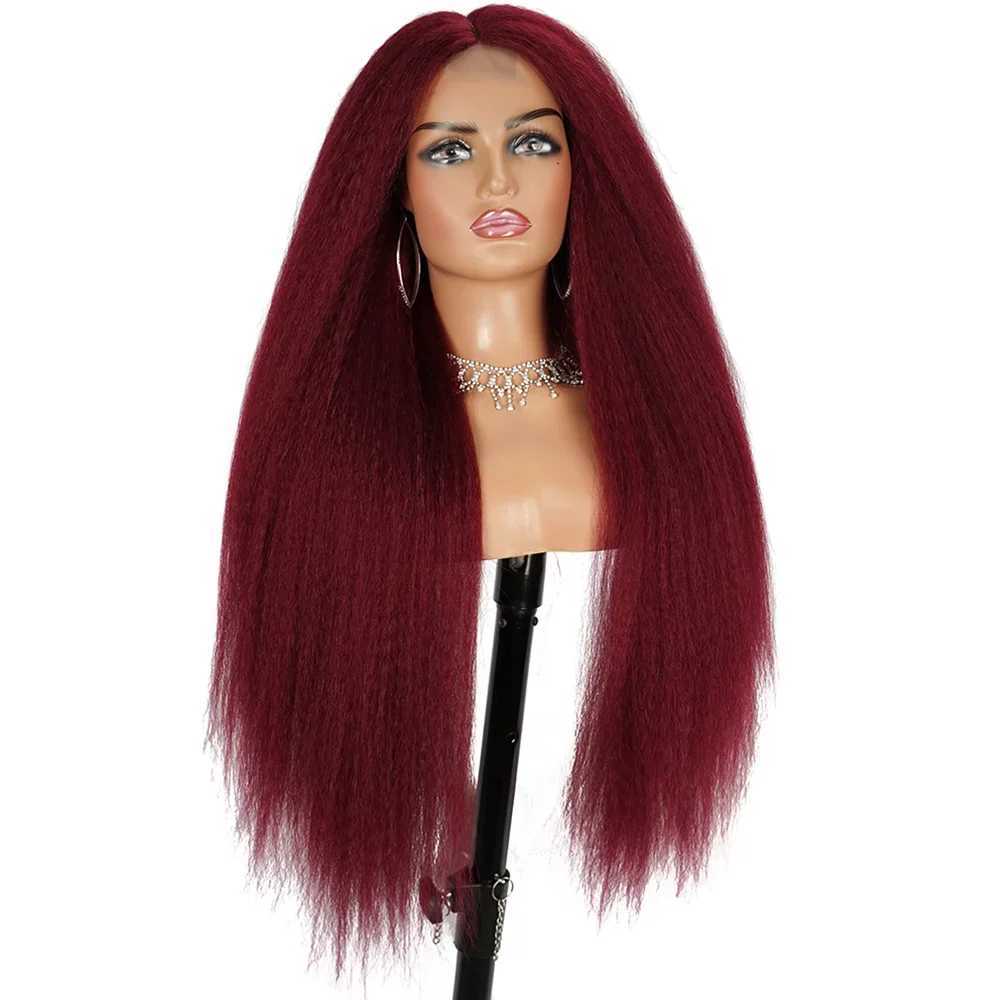 Long Brown Kinky Straight Wig Copper Red Yaki 28 30 inch Wigs For Women With Natural Hairline Hair Heat Temperature GluelessXJ241008